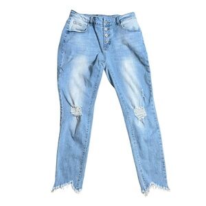 Light Wash Distressed Button Fly Skinny Jeans Women’s Size L Frayed Hem